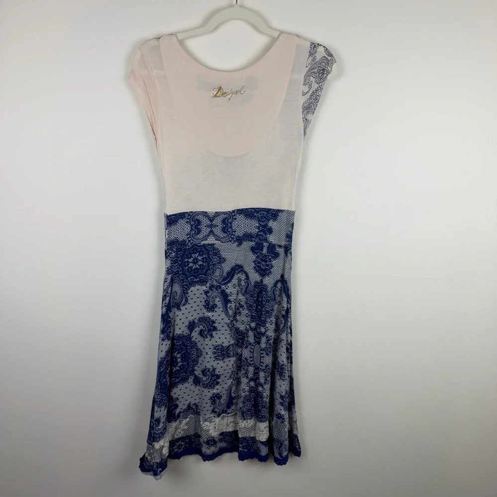 Desigual Blue Lace Print Cap Sleeve Dress Boho Core Y2K Festival M - Picture 2 of 5